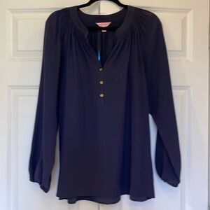 Lilly Pulitzer, long sleeved, silk, navy blue blouse, extra large